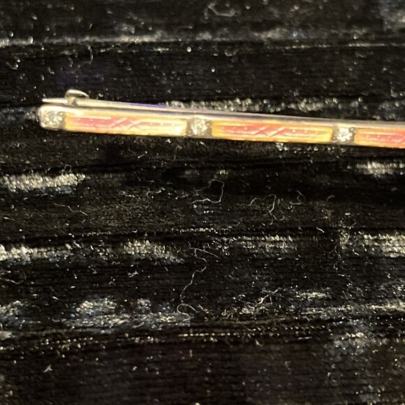 Antique Art Deco Sterling Allco Pink Enamel Rhinestone Bar Pin Brooch - Picture 2 of 8